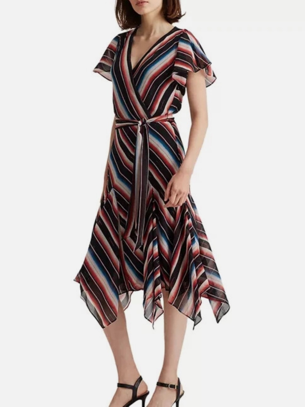 Lauren Ralph Lauren Blanket Stripe Georgette Midi Dress Size 14 Worn Once